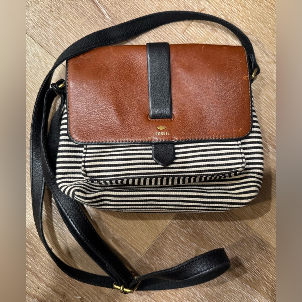 Fossil Black and Brown Striped Crossbody Bag